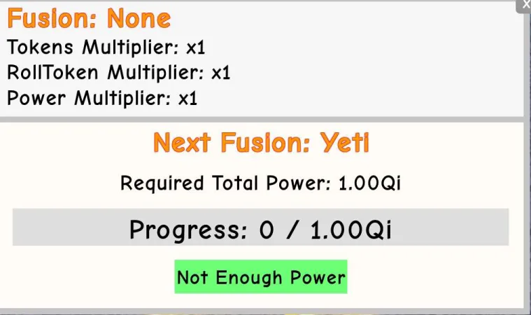 Default Fusion menu: starts at Fusion: None, ×1 multipliers, Next Fusion: Yeti (1.00Qi Power).